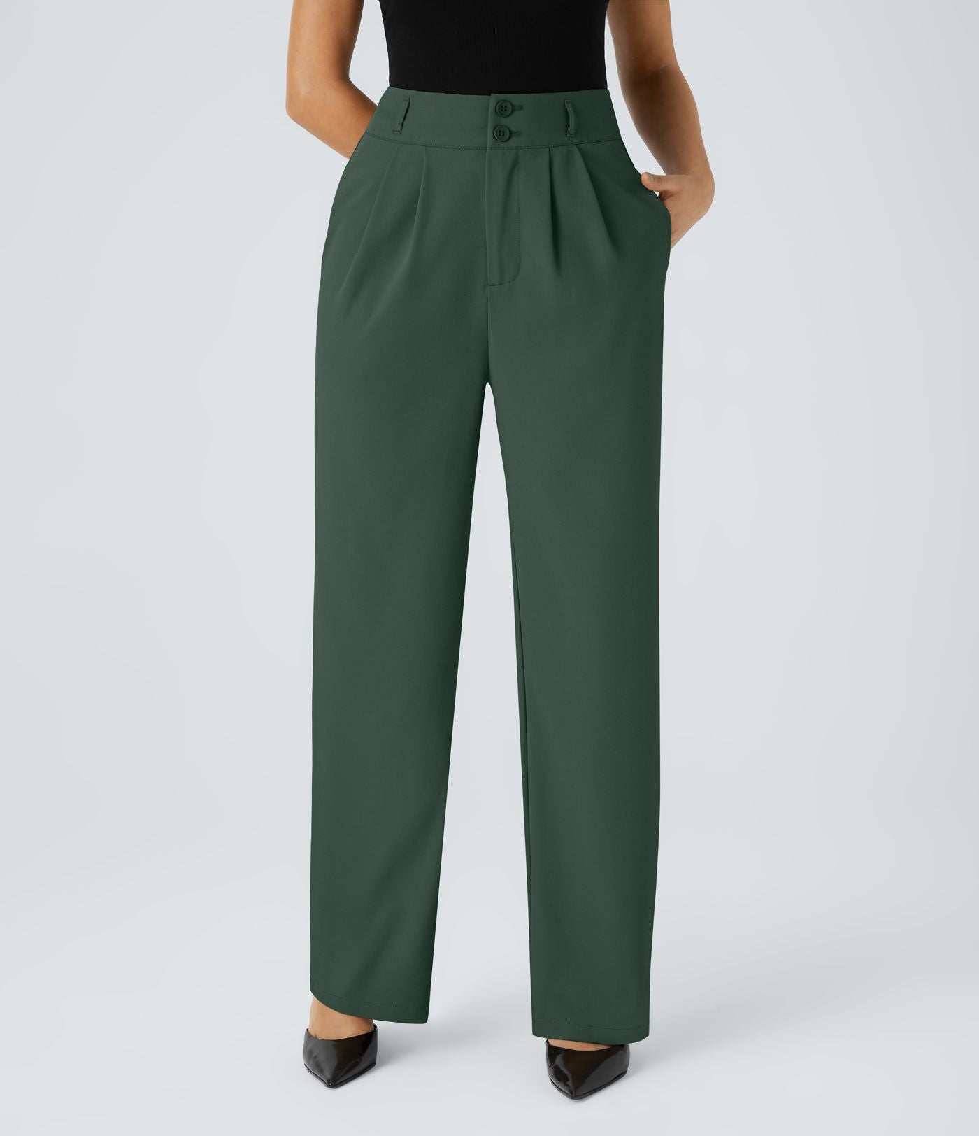 Pantalon de travail Halara Flex™ droit froncé avec poche zippée, taille haute