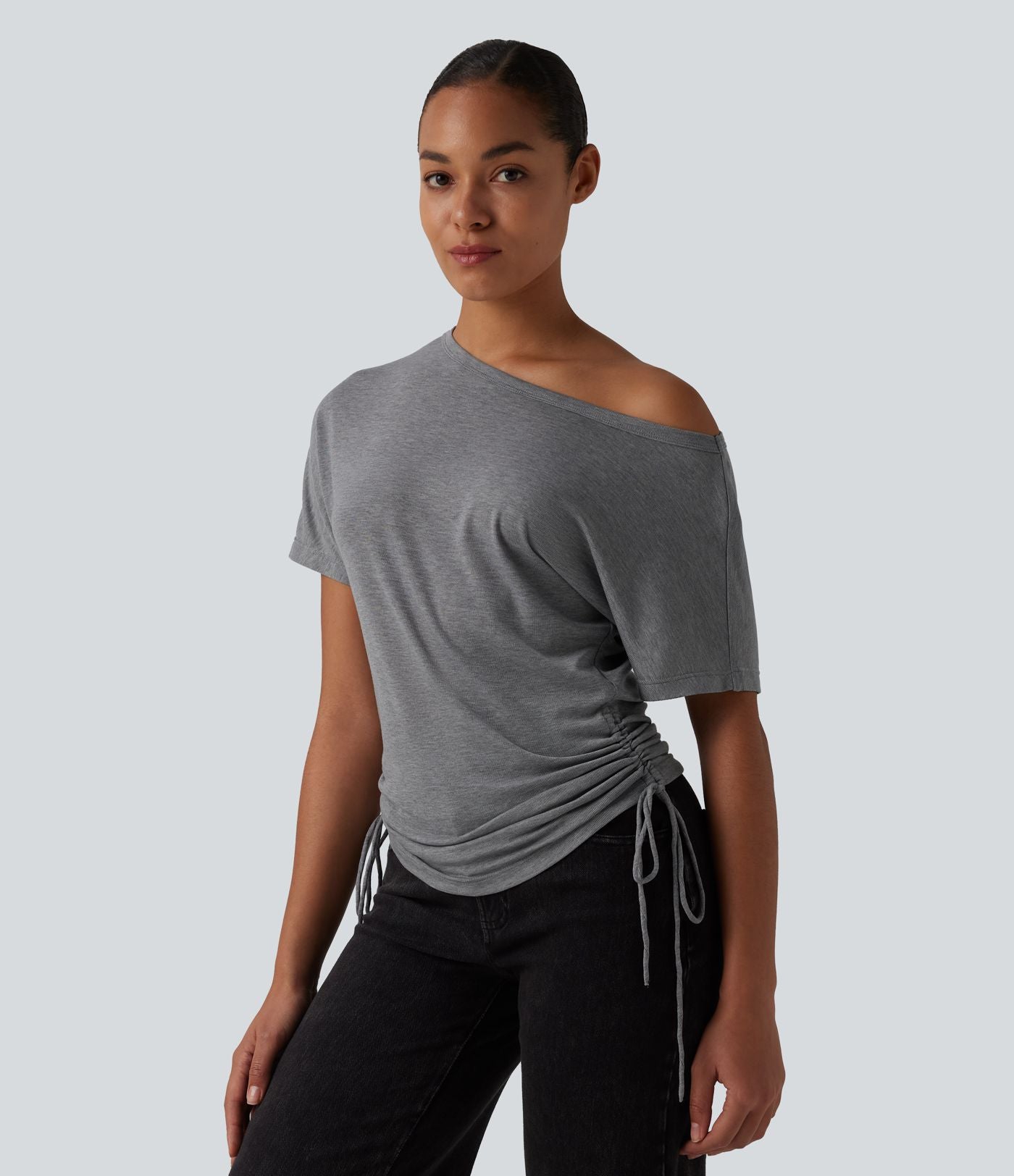 T-shirt décontracté asymétrique manches courtes avec cordon de serrage mélange laine