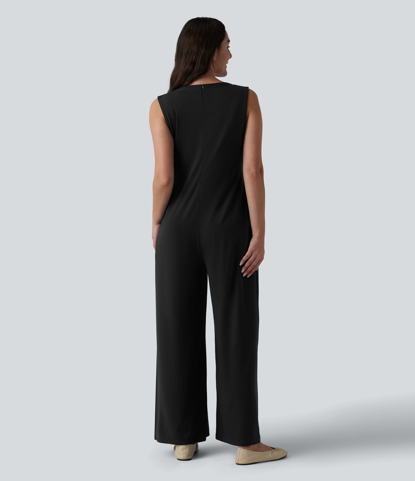 Combinaison casual ample décolleté plongeant sans manches plissée à nœud devant et fermeture éclair invisible avec poches
