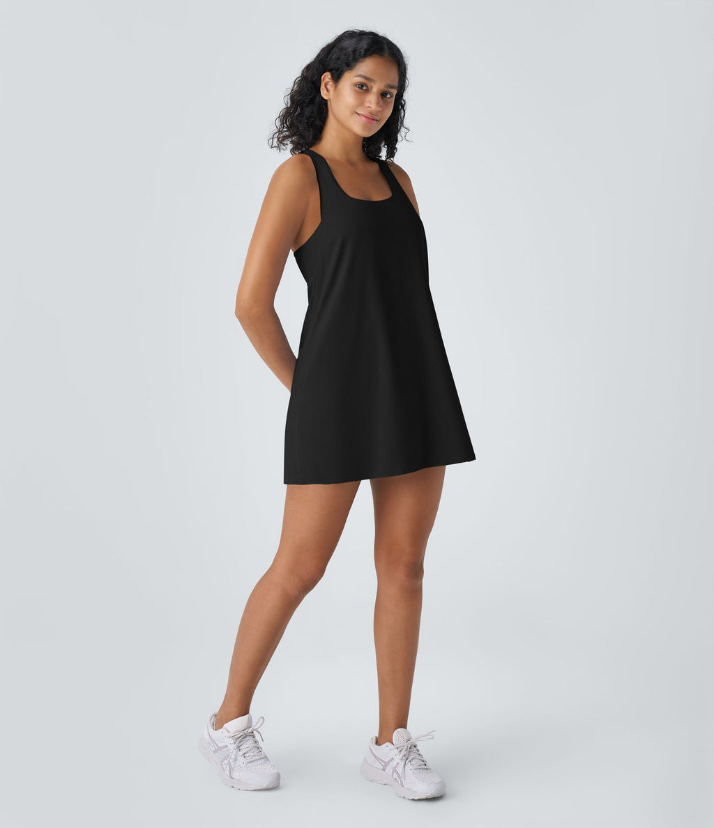 Ensemble 2 Pièces Robe Sport de Yoga Mini à Col en U Dos Nageur sans Manches avec Poches Latérales
