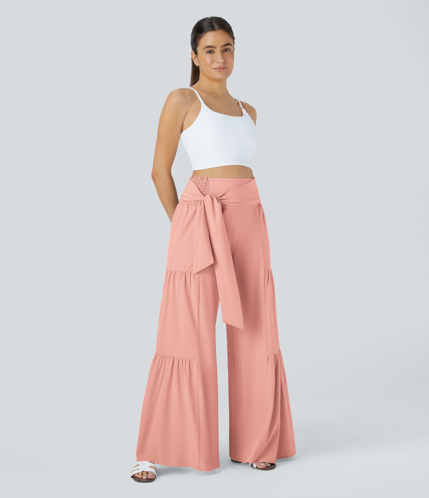 Breezeful™ Pantalon Large Casual Taille Haute Froncé à Nouer Devant et Dos Fluide Séchage Rapide