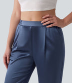 Pantalon tailleur fuselé en satin taille haute grande taille avec poches