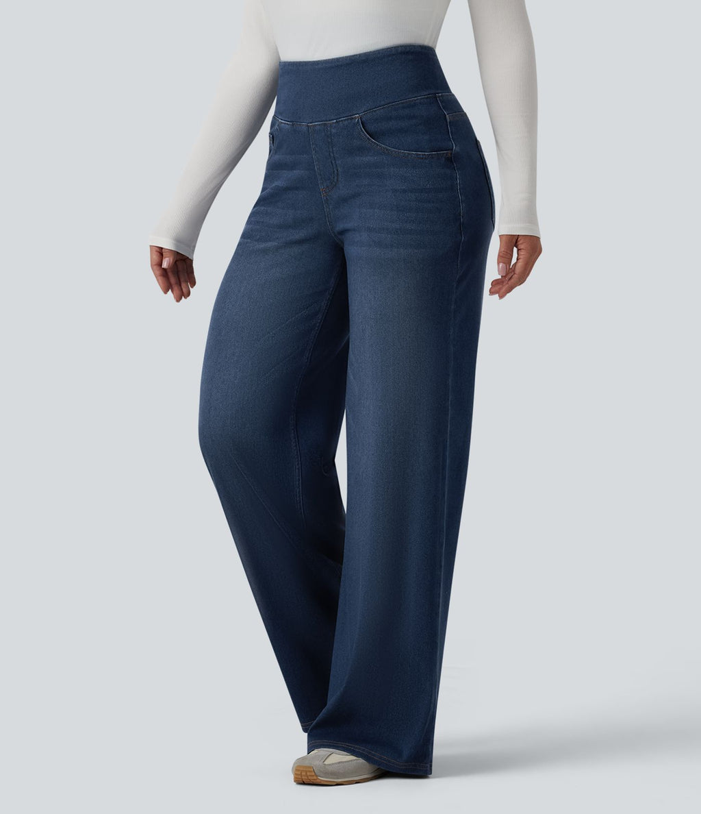 Halara Flex™ Jean large casual taille haute ventre plat, en lyocell drapé effet délavé, avec poches