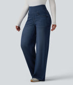 Halara Flex™ Jean large casual taille haute ventre plat, en lyocell drapé effet délavé, avec poches