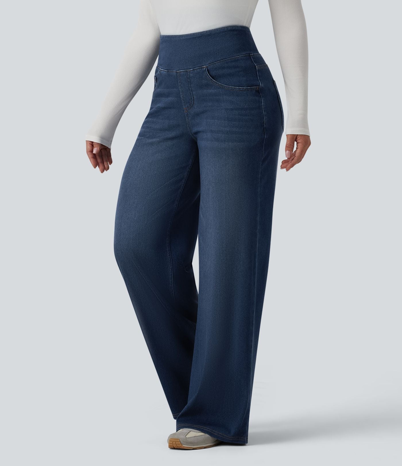 Halara Flex™ Jean large casual taille haute ventre plat, en lyocell drapé effet délavé, avec poches
