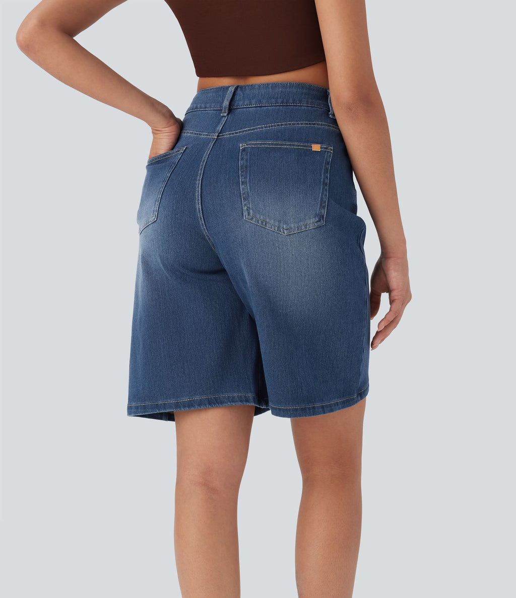 Bermuda en jean délavé Halara Flex™ taille haute à poches multiples