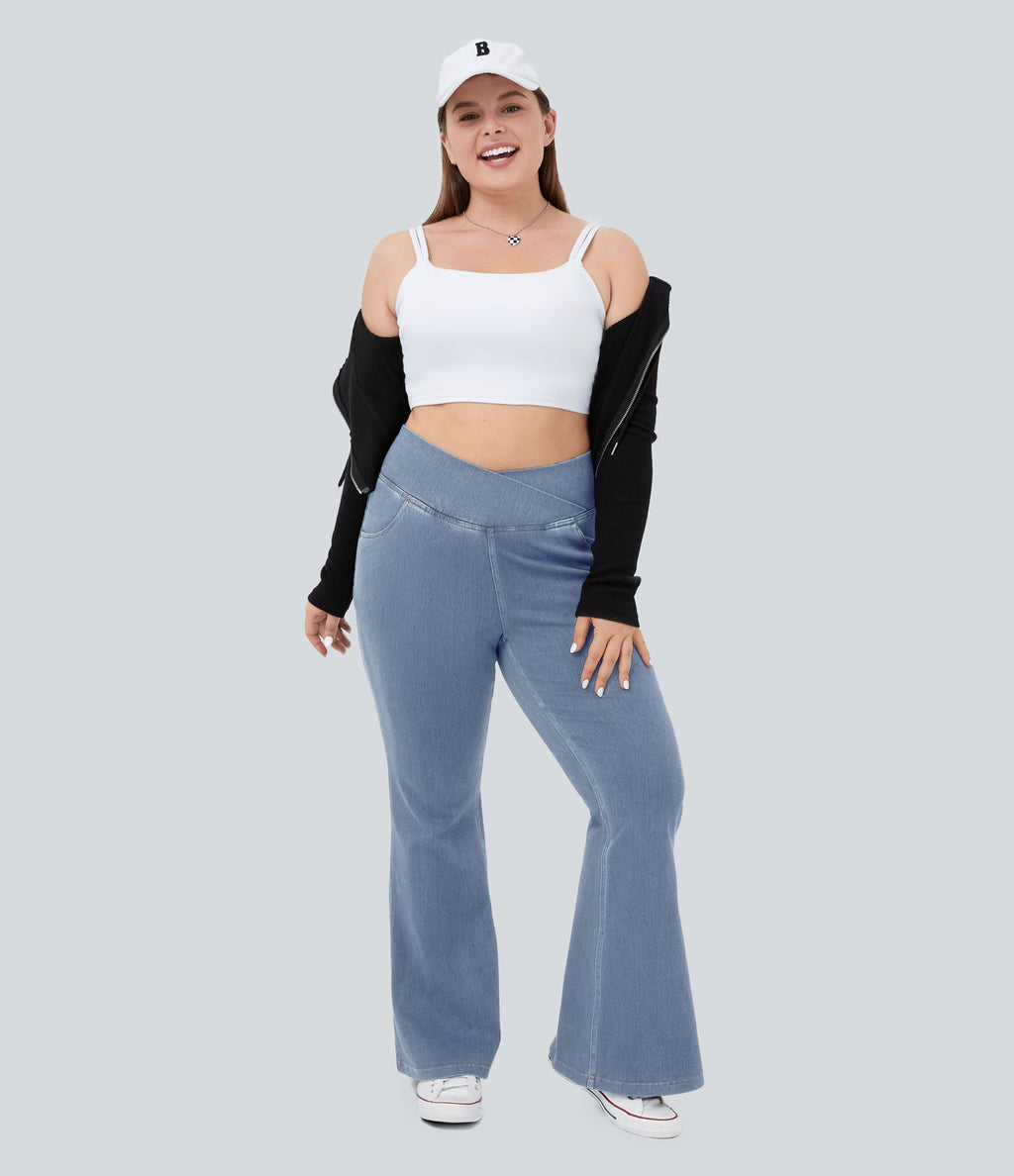 Jean super évasé Halara Flex™ grande taille en maille denim extensible délavée taille haute avec poches croisées effet frais InstantCool respirant