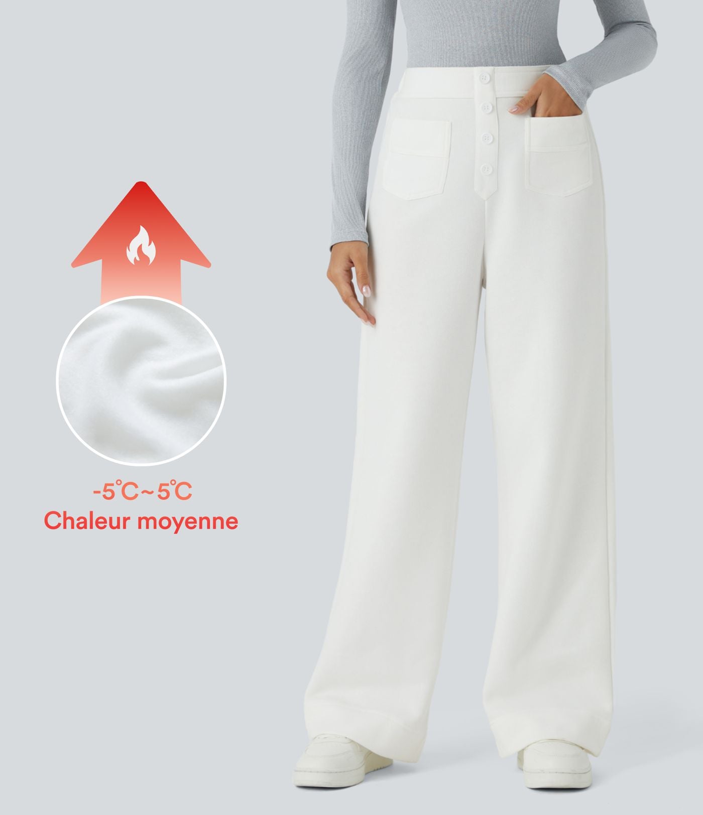 Pantalon Jogging en Fleece Thermique Jambe Droite Boutons Taille Haute Plusieurs Poches