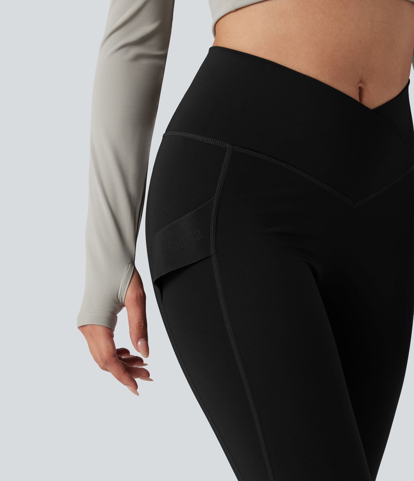 Legging de randonnée 7/8 résistant à l'usure taille haute croisée réfléchissant avec poche