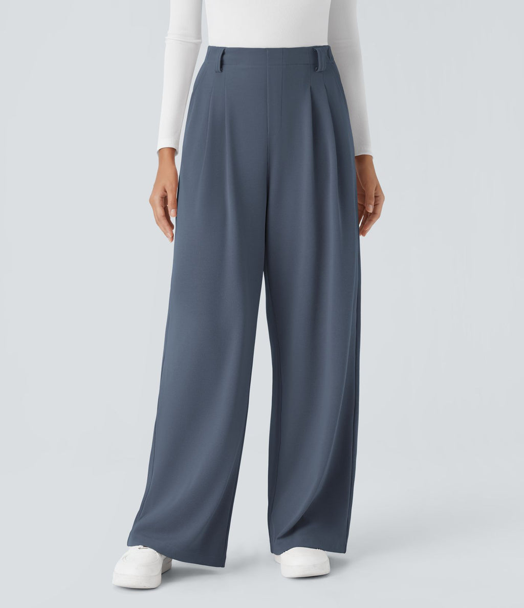 Halara Flex™ Pantalon Tailleur en tissu gaufré à taille haute, jambes larges, plis et poches latérales