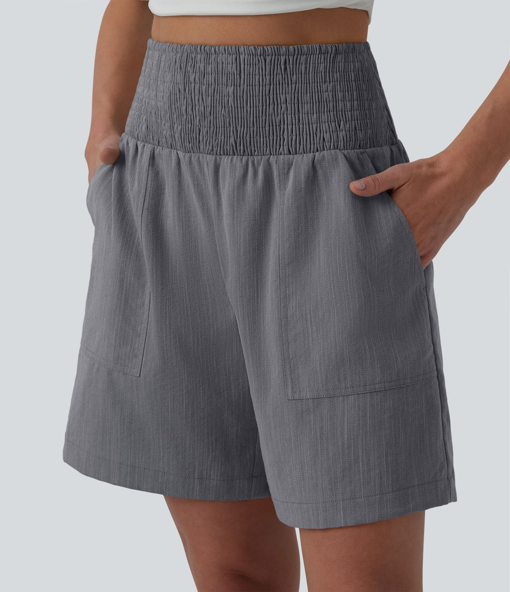 Bermuda casual aspect lin taille haute avec fronces 17,5 cm avec poches