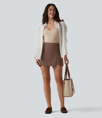 Jupe-short de travail fendue taille haute, infroissable et trapèze, avec poches
