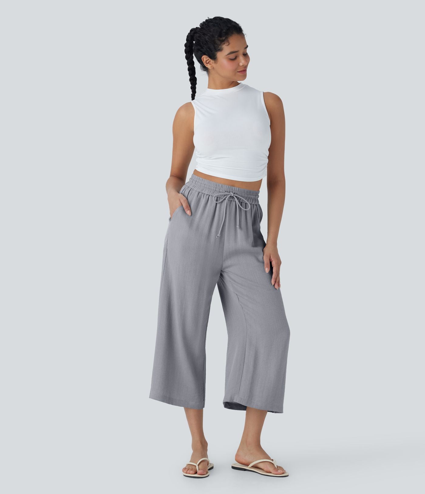 Pantalon décontracté aspect lin 7/8 à taille haute, jambe large avec cordon de serrage et poches latérales