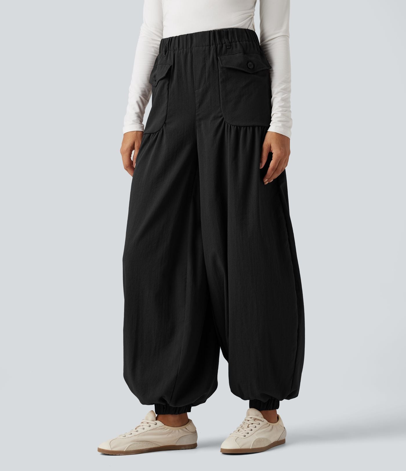 Jogging baggy taille haute effet lin froncé avec poches