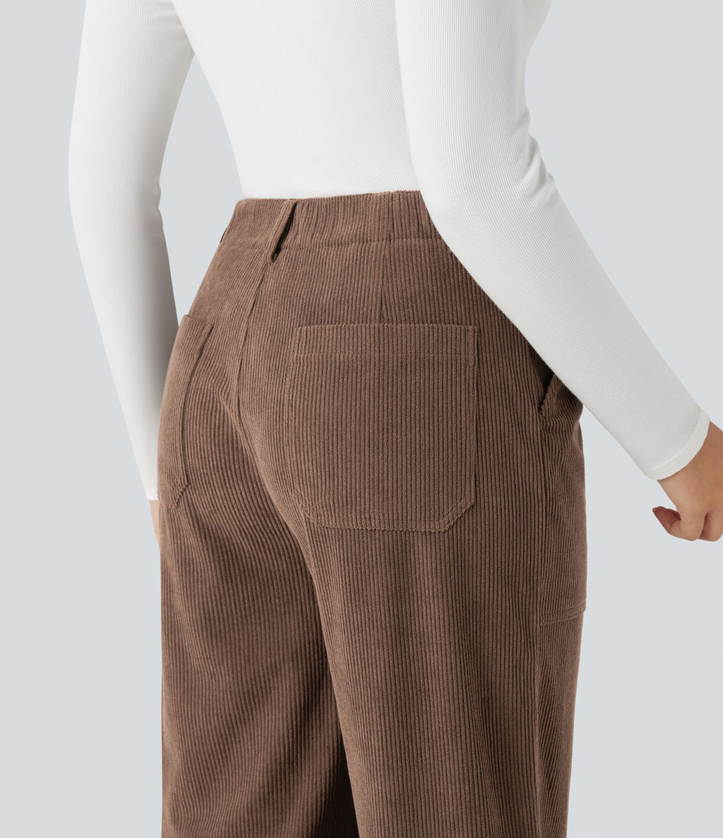 Pantalon décontracté large en velours côtelé, taille haute, avec poches