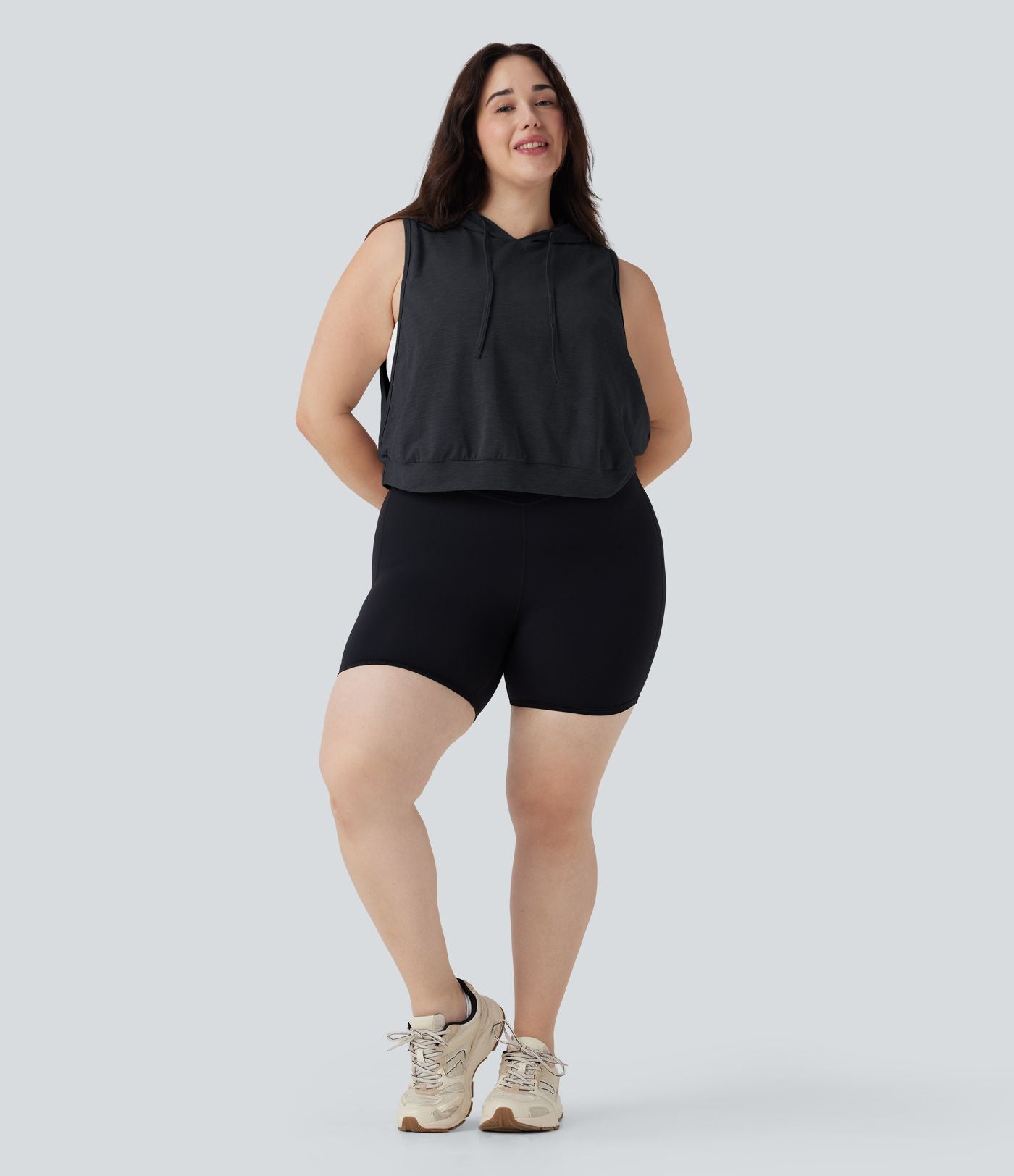 Débardeur de course grande taille crop top à capuche sans manches avec cordon de serrage