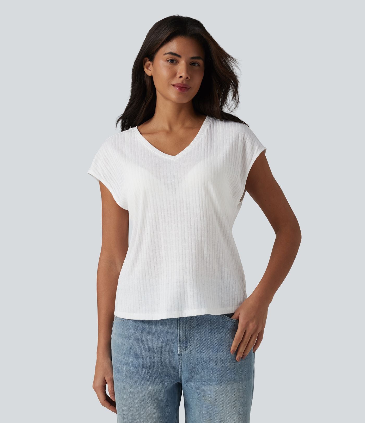 T-shirt casual jacquard col V à manches courtes