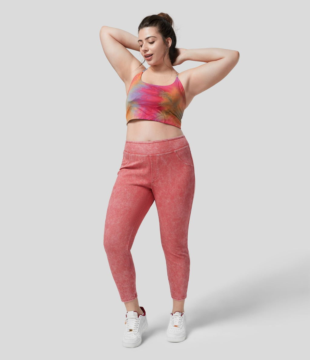 Halara Flex™ Legging Casual 7/8 Grande Taille en Denim Tricot Extensible Coloré à Taille Haute avec Poches Latérales Arrière