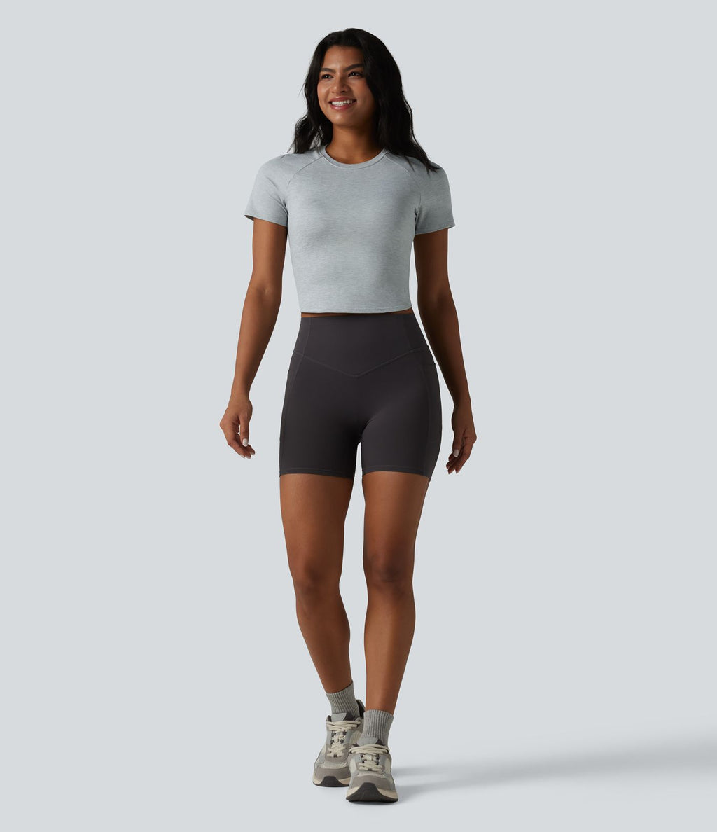 Haut de sport yoga col rond manches courtes avec soutien-gorge intégré