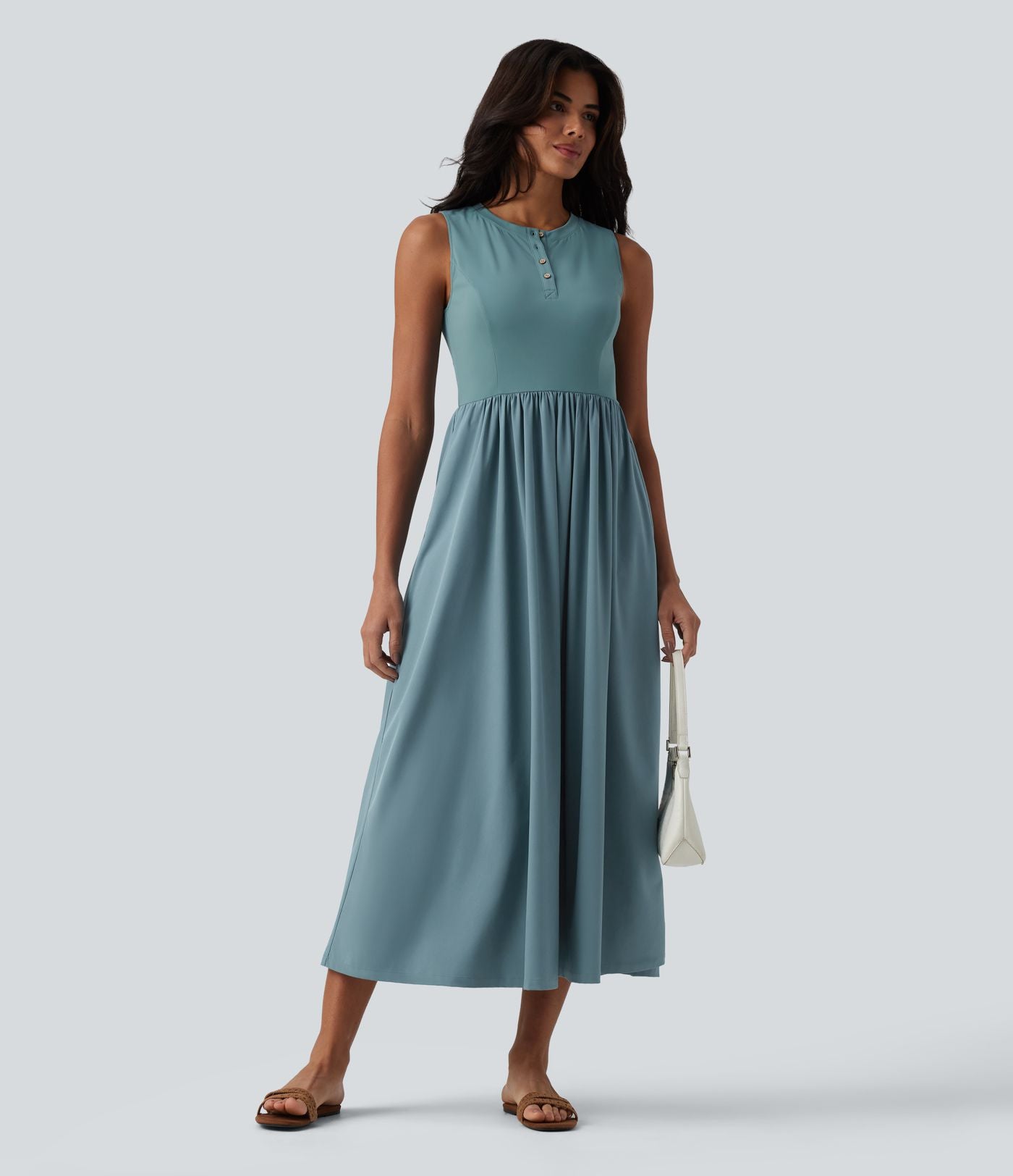 Robe midi évasée fluide décontractée Breezeful™ col Henley sans manches à séchage rapide avec poches
