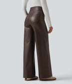 Pantalon large décontracté gainant taille haute extensible en molleton PU avec poches