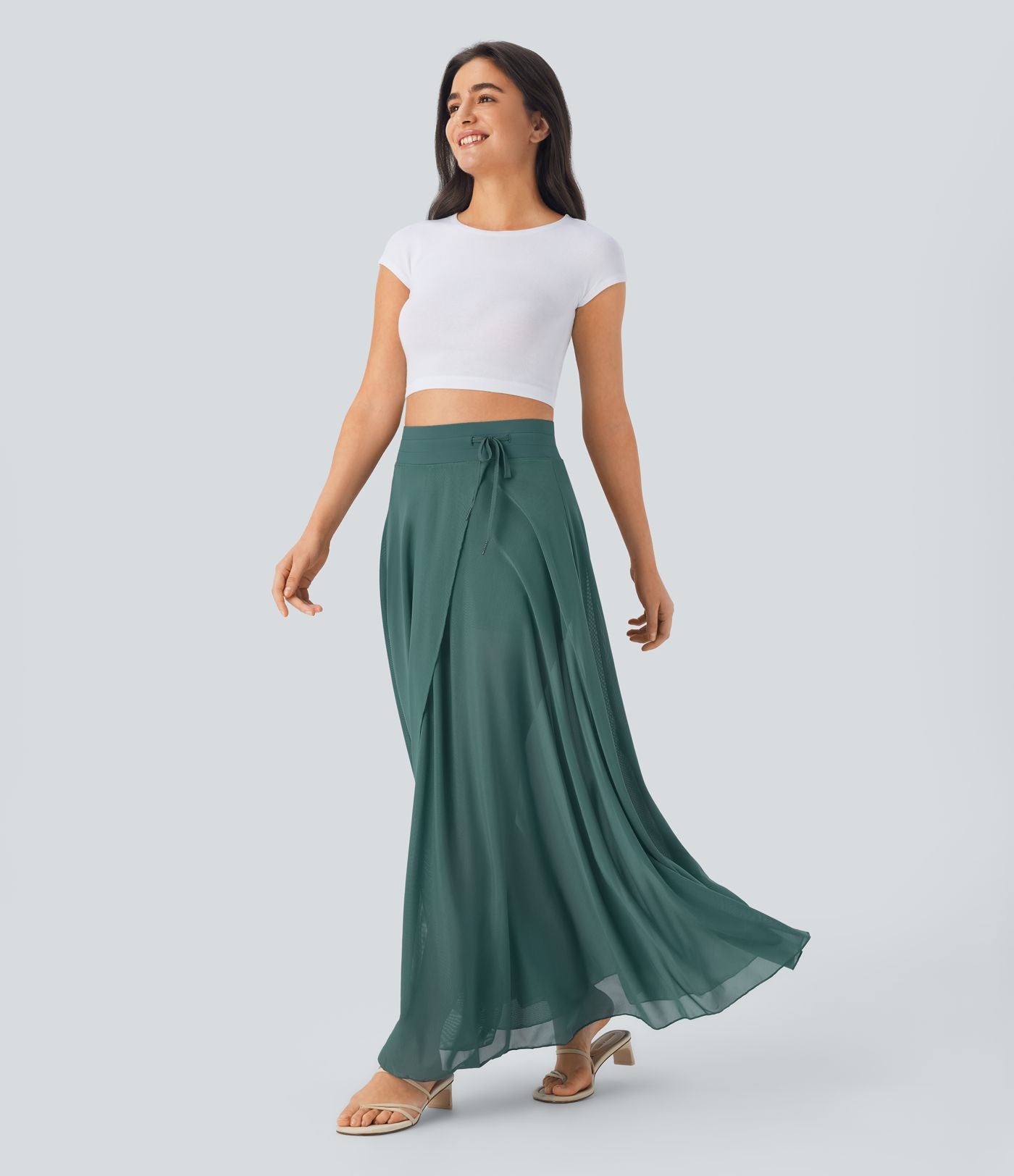 Jupe longue fluide 2-en-1 taille haute avec empiècements en résille