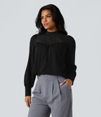 Chemise tailleur col montant dentelle contrastante manches longues