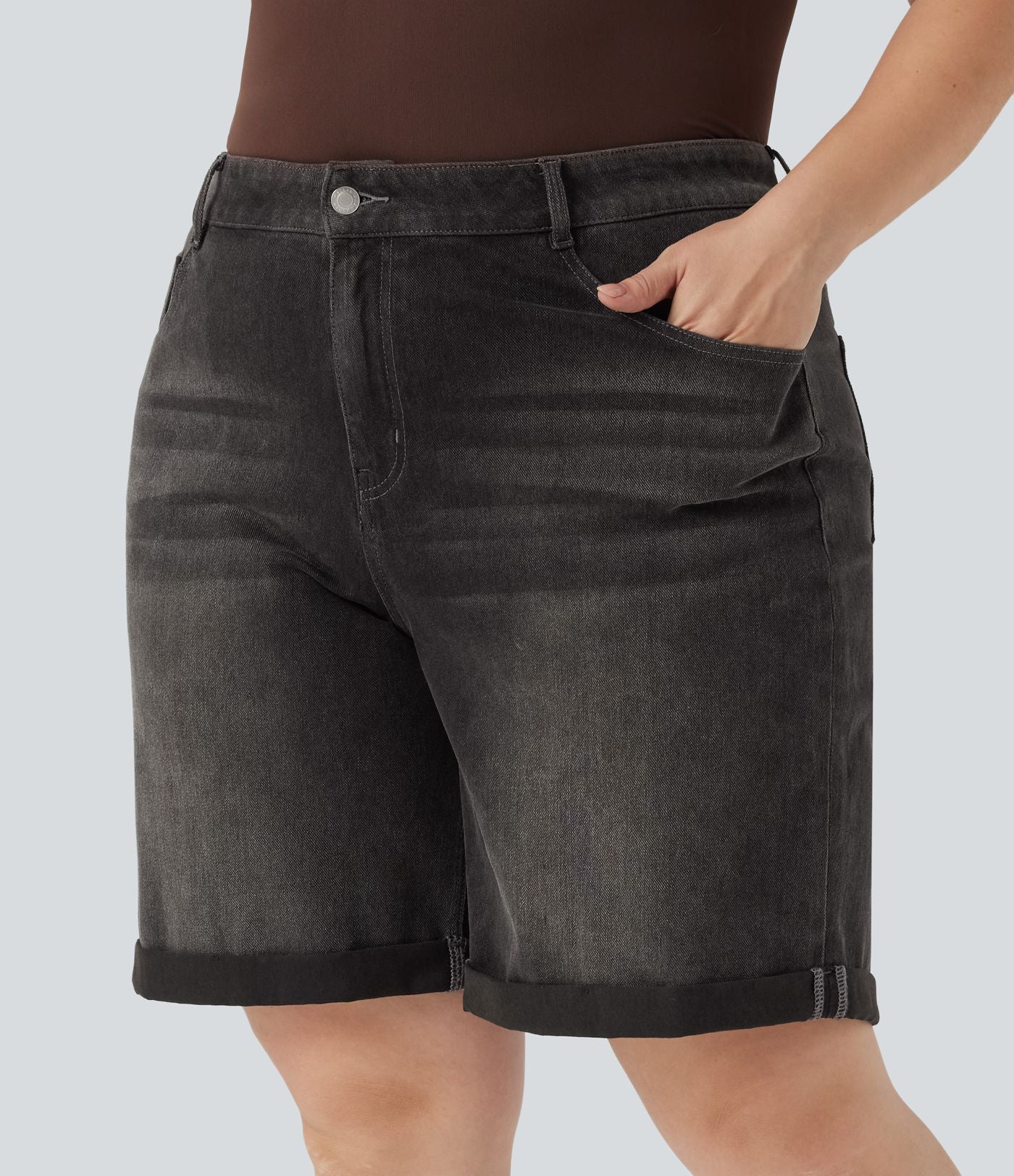 Short bermuda casual denim grande taille Halara Flex™ tricot extensible délavé taille haute multiples poches ourlet roulotté