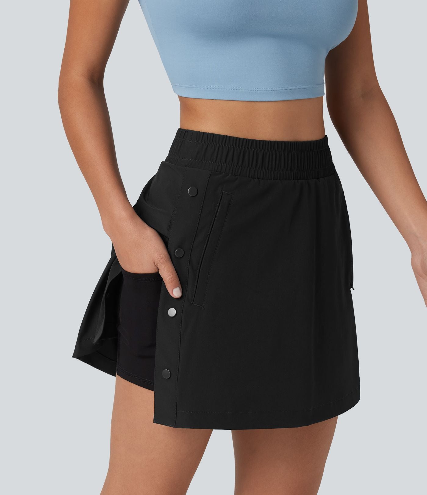 Jupe mini trapèze 2-en-1 taille haute avec boutons-pression et poches pour la randonnée