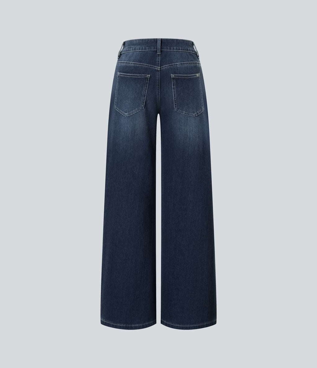 Halara Flex™ Jean Large Casual Taille Basse avec Boutons Zip Multiples Poches Lavés Élastiques et Tricotés
