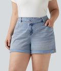 Short grande taille en jean Halara Flex™ délavé taille haute asymétrique avec ourlets retroussés et poches