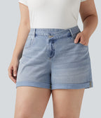 Short grande taille en jean Halara Flex™ délavé taille haute asymétrique avec ourlets retroussés et poches