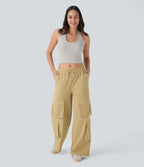 Pantalon cargo décontracté large à cordon, taille mi-haute, avec poches