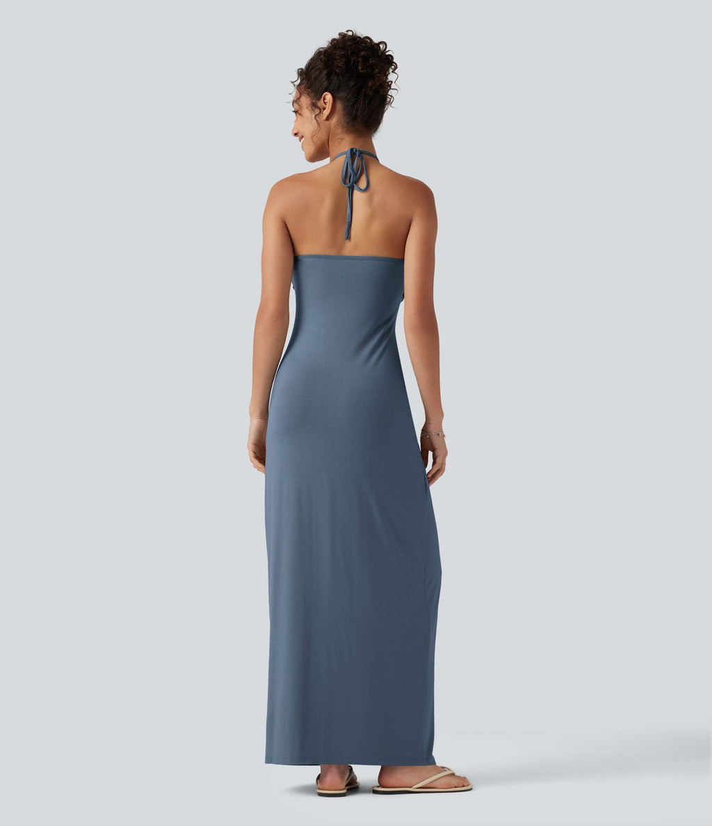 Robe longue dos nu à nouer avec soutien-gorge intégré et poches