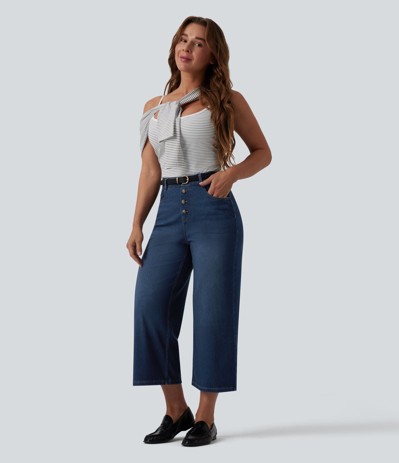 Halara Flex™ Jean large casual raccourci taille haute en lyocell drapé, avec poches