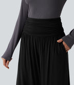 Pantalon casual 7/8 large taille haute à fronces avec poches