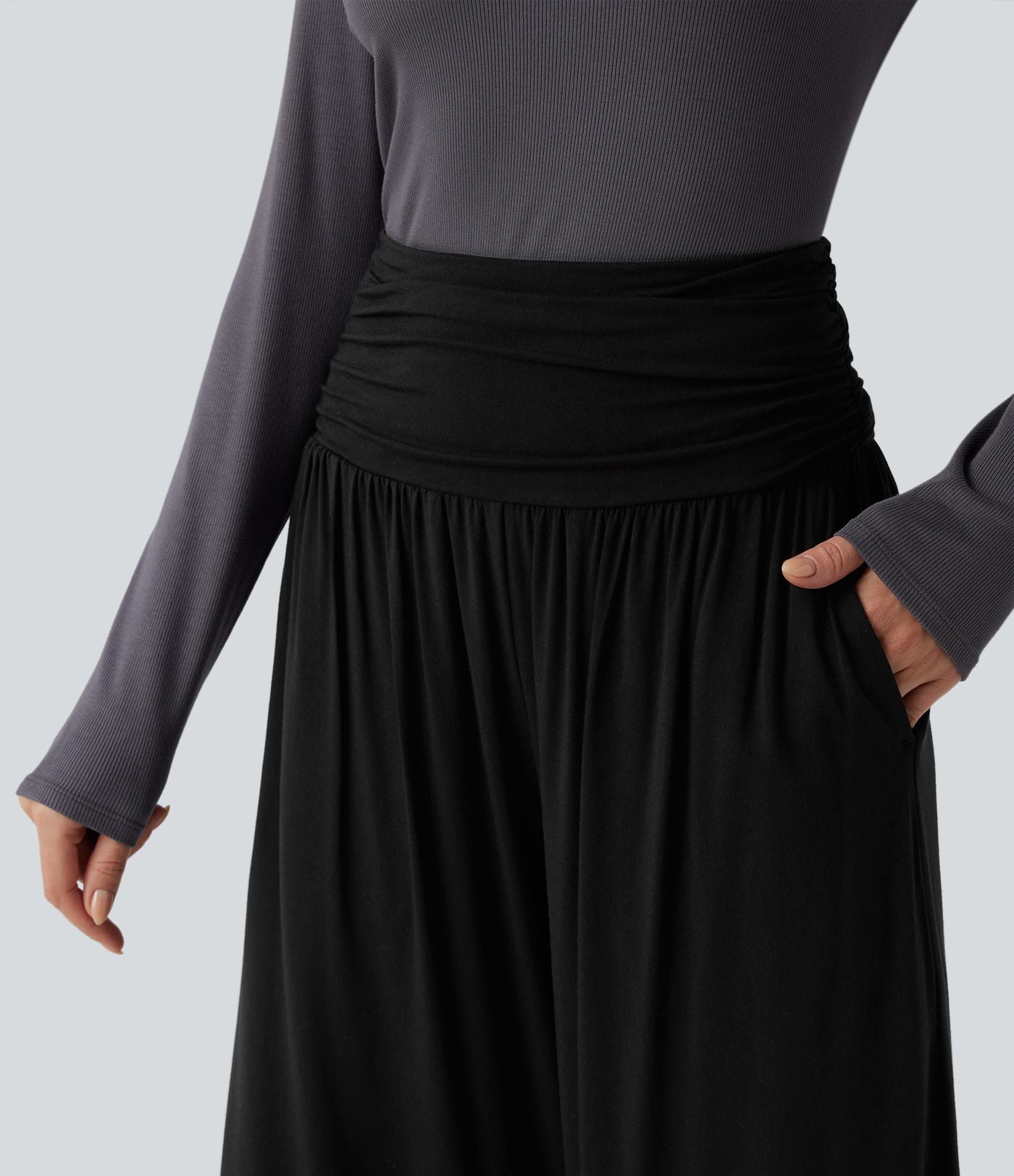 Pantalon casual 7/8 large taille haute à fronces avec poches