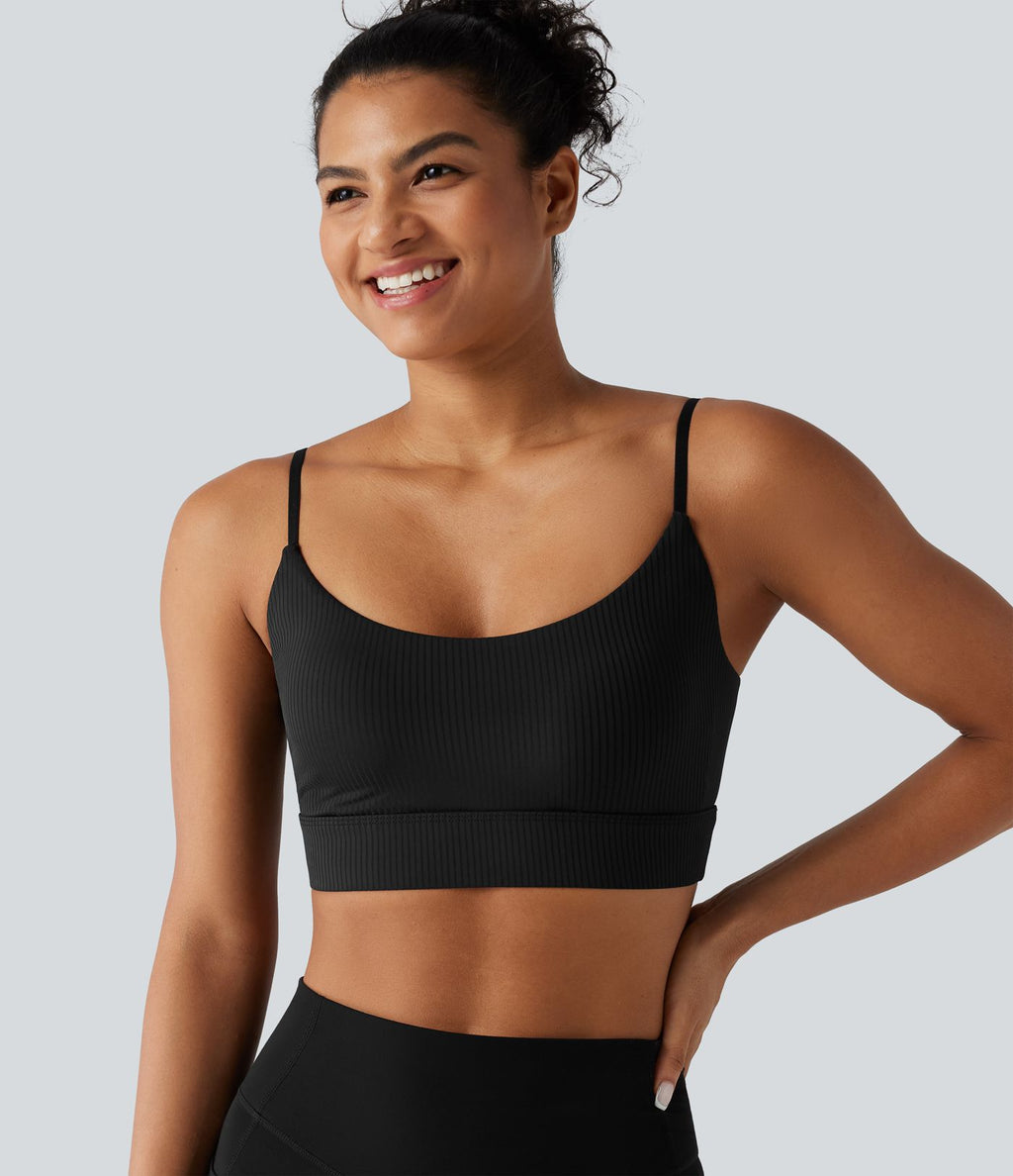 Brassière de yoga en maille côtelée, maintien léger avec coussinets amovibles