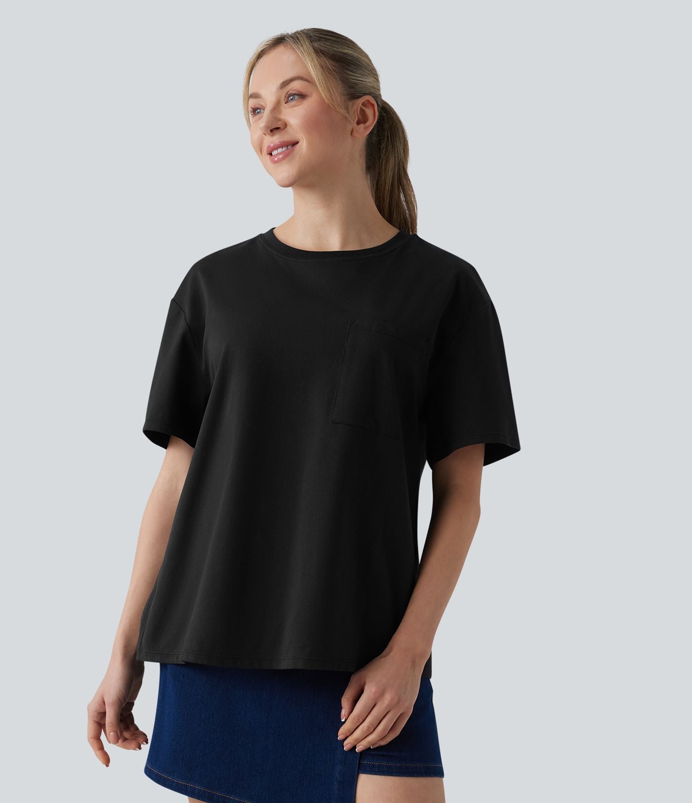 T-shirt casual oversize col rond manches courtes en coton avec poche