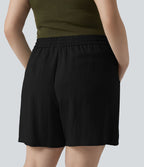 Short casual aspect lin grande taille taille haute avec cordon de serrage et poches