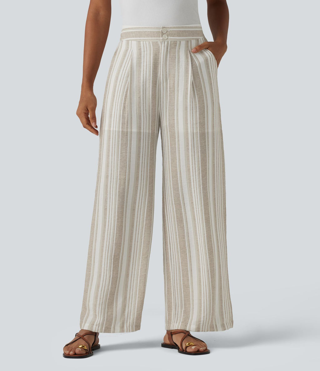 Pantalon casual large rayé taille haute avec poches