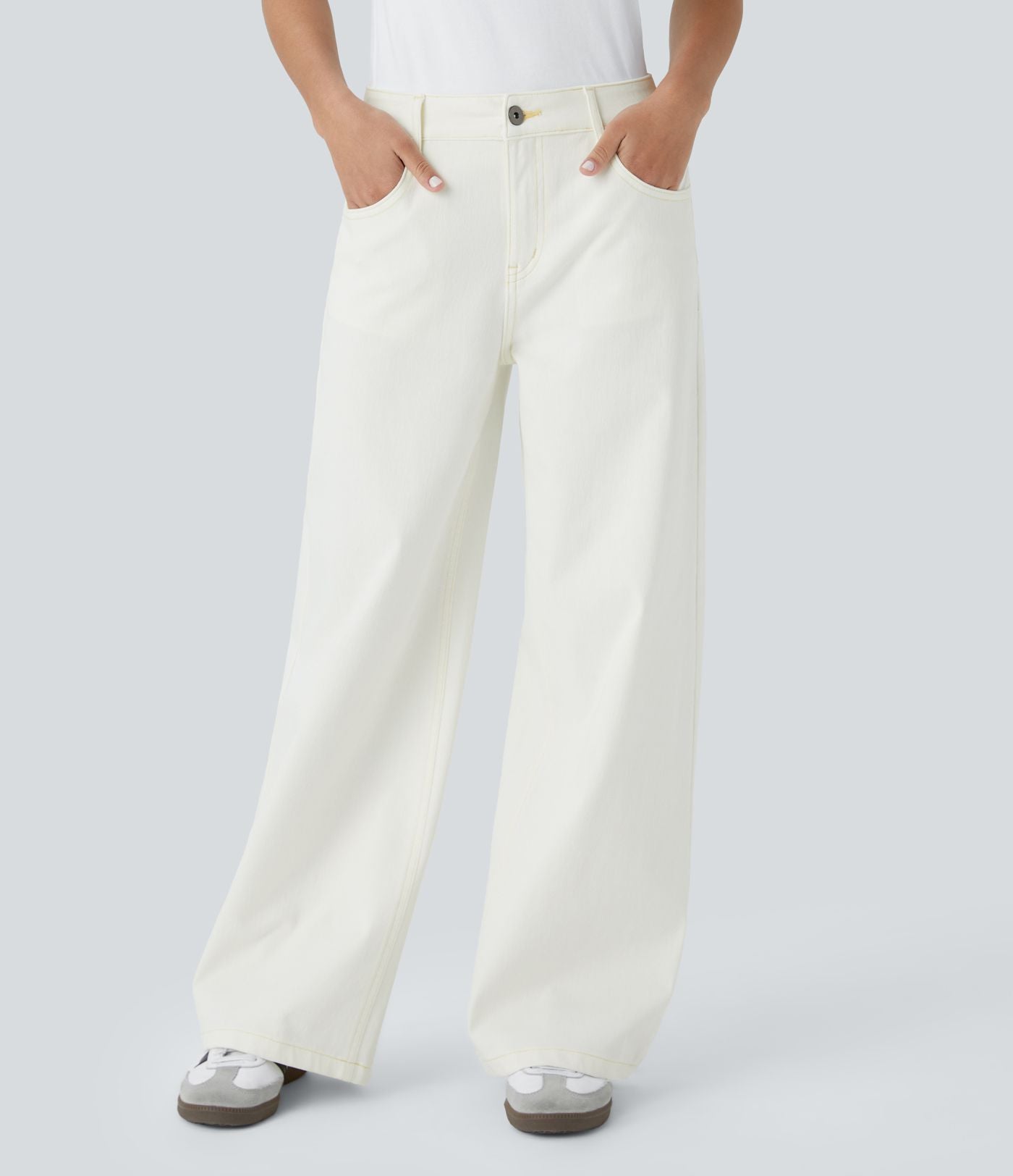 Halara Flex™ Jean Large Casual Taille Basse avec Boutons Zip Multiples Poches Lavés Élastiques et Tricotés