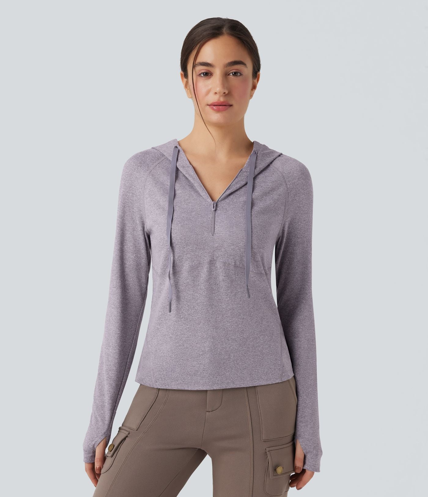 Sweatshirt de sport randonnée à capuche manches longues avec cordon de serrage, trous pour pouces et poche