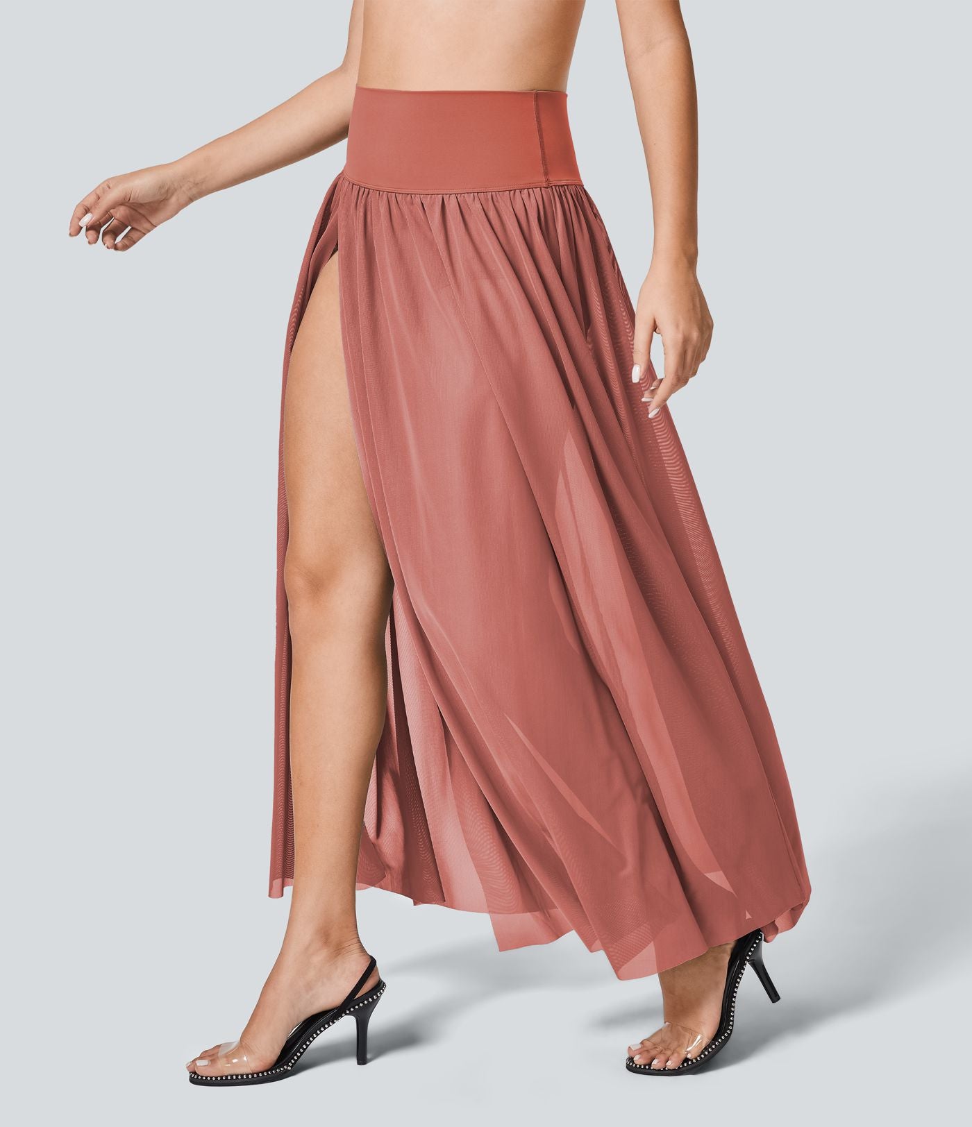 Jupe Casual Taille Haute Maxi Fluide Mesh Fente Plissée 2 en 1