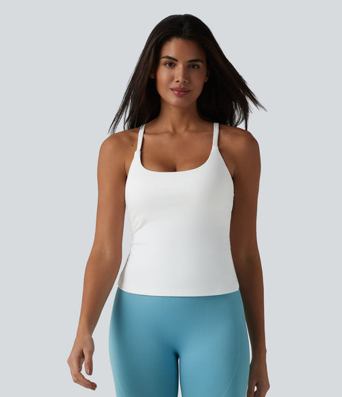 Caraco de yoga col rond échancré à dos croisé et ourlet croisé avec brassière intégrée — Bonnets E-G