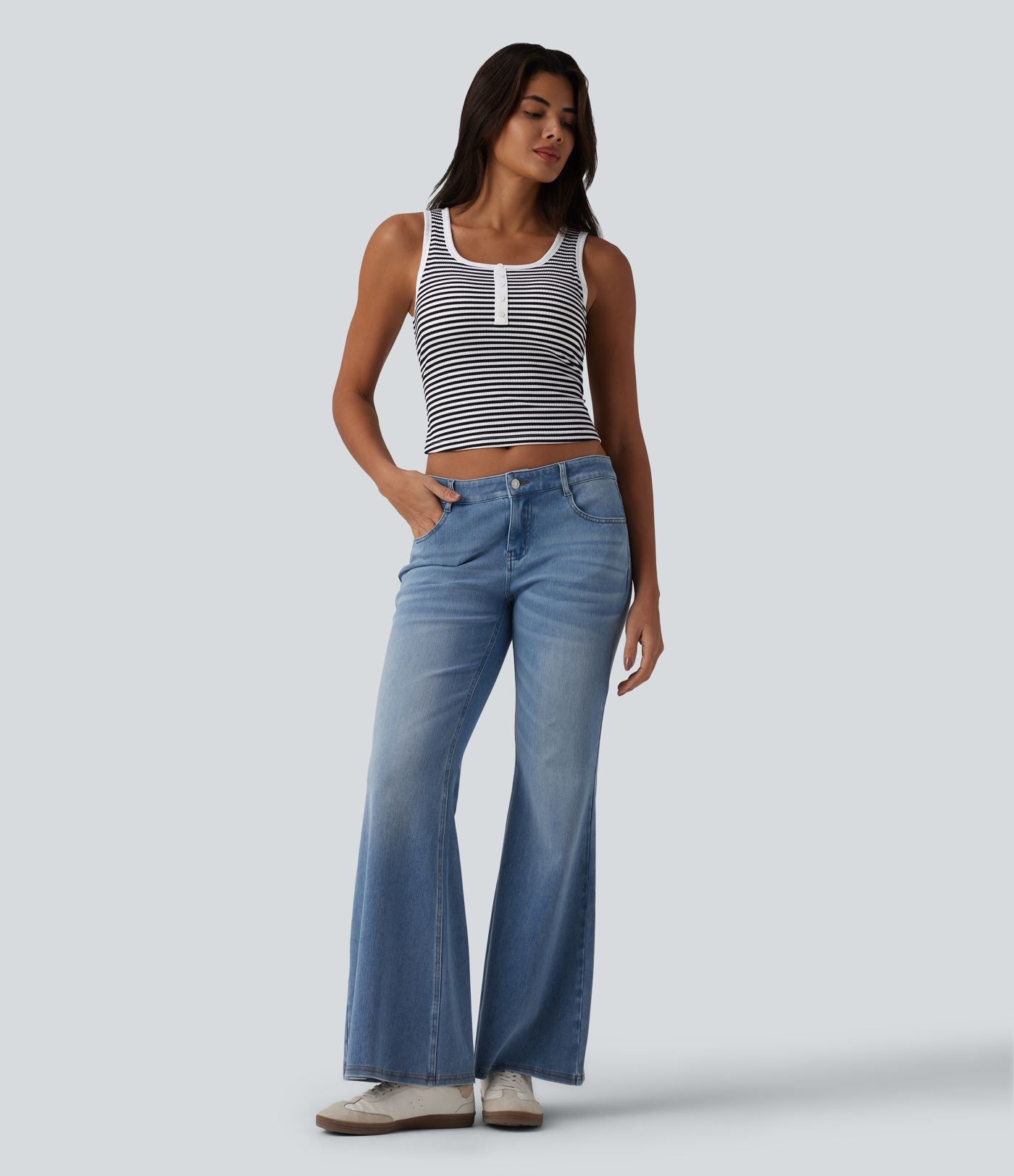 Débardeur casual côtelé à rayures col U avec soutien-gorge intégré