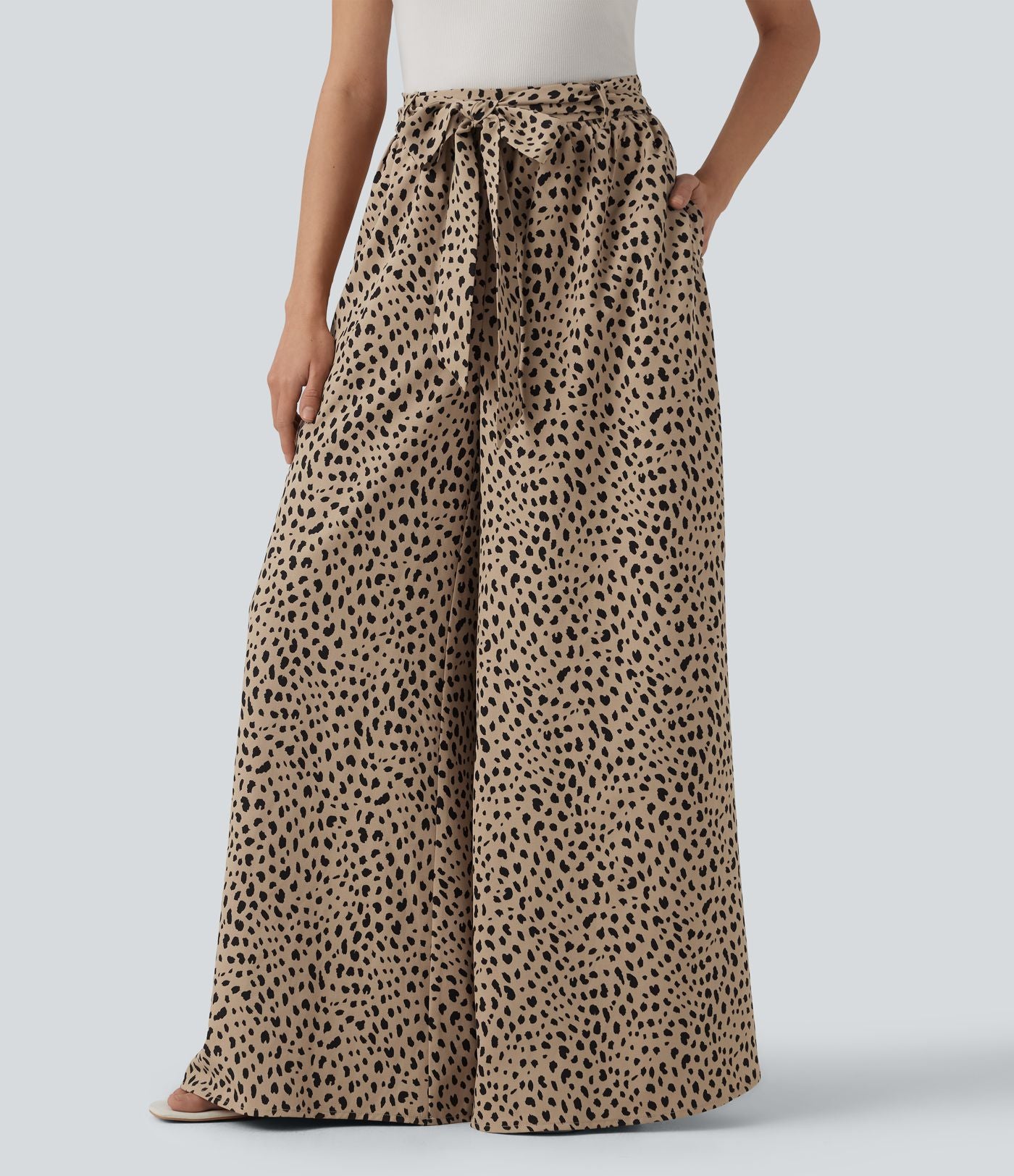 Pantalon casual large imprimé léopard taille haute avec nœud devant et poches