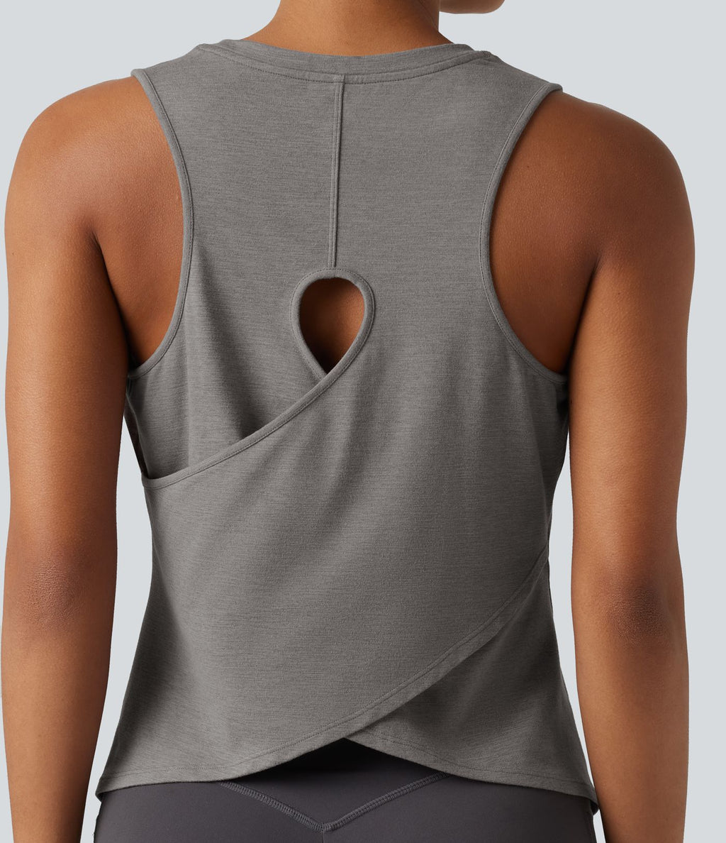 Débardeur de yoga chiné avec découpe et ourlet croisé