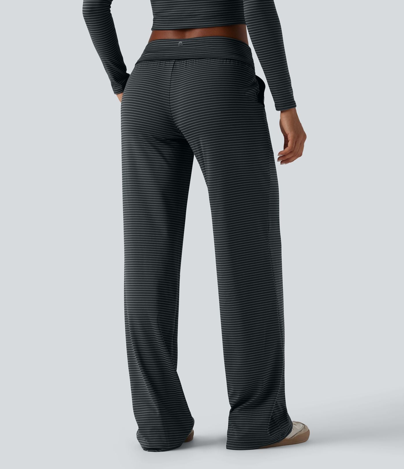 Pantalon décontracté droit à rayures taille basse repliable avec cordon de serrage et poches