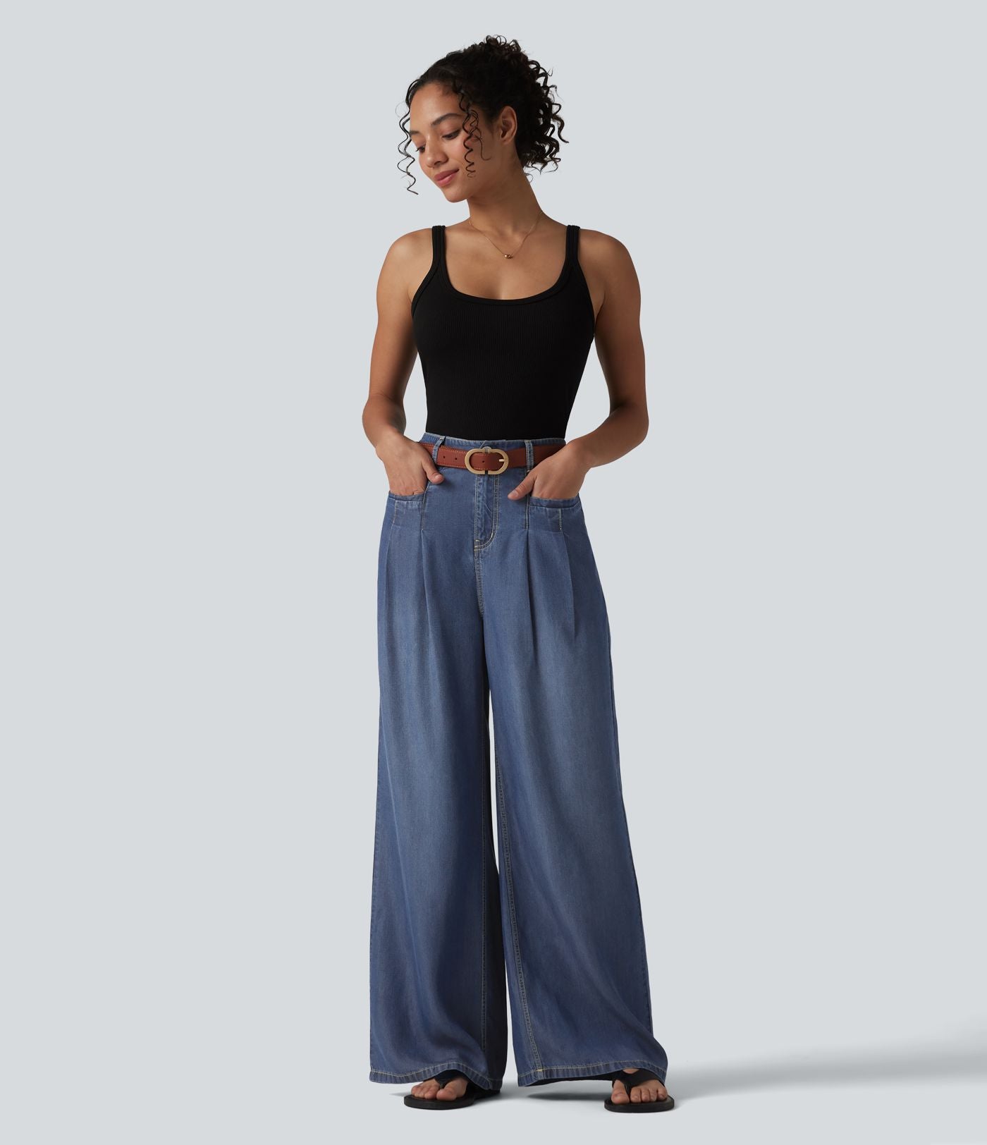 Jean large casual taille haute en lyocell avec poches